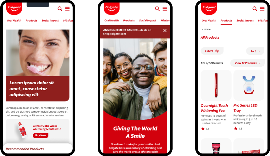 Three mobile screens showing paths to get to product page