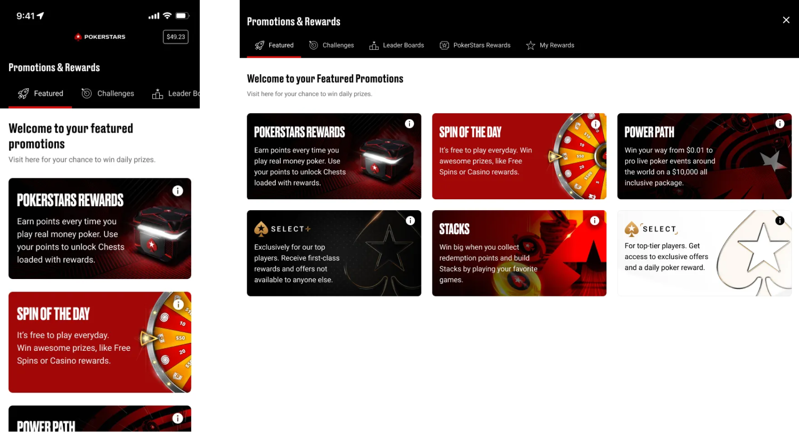 Screenshots of mobile and desktop versions of Promotions & Rewards pages.
